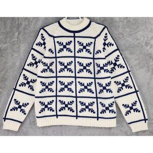 Womens Sweater Medium White Blue Snow Flake Hand Loomed 80s Vintage Knitwear